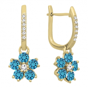 18K Round Blue Topaz and White Diamond Flower Dangling Drop Earrings in 18K Yellow Gold