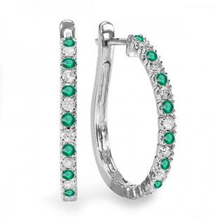 0.50 Carat (ctw) 14k White Gold Round Green Emerald And White Diamond Ladies Hoop Earrings 1/2 CT