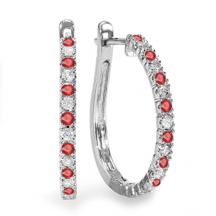 0.50 Carat (ctw) 10k White Gold Round Ruby And White Diamond Ladies Hoop Earrings 1/2 CT