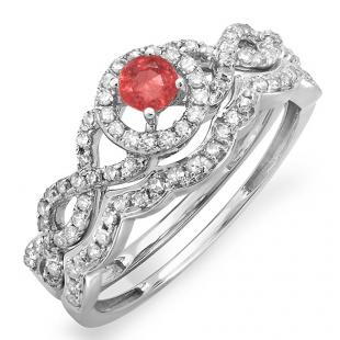 0.60 Carat (ctw) 18k White Gold Round Ruby & White Diamond Ladies Halo Style Bridal Engagement Ring Matching Band Set