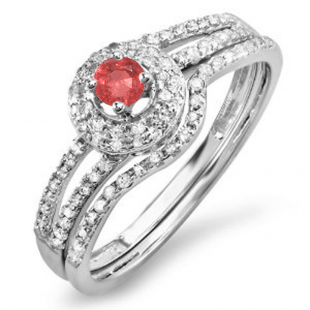 0.50 Carat (ctw) 18k White Gold Round White Diamond & Ruby Ladies Halo Style Bridal Engagement Ring Set Matching Band 1/2 CT
