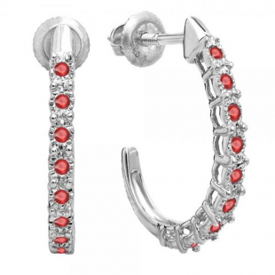 0.25 Carat (ctw) Sterling Silver Round Ruby Ladies Hoop Earrings 1/4 CT