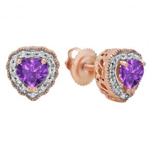 5 mm Heart Amethyst & Round White Diamond Ladies Halo Stud Earrings  10K Rose Gold
