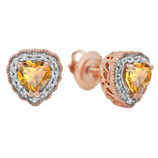 5 mm Heart Citrine & Round White Diamond Ladies Halo Stud Earrings  10K Rose Gold