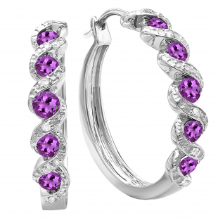 Round Amethyst & White Diamond Swirl Style Criss Cross Hoop Earrings for Women in 925 Sterling Silver