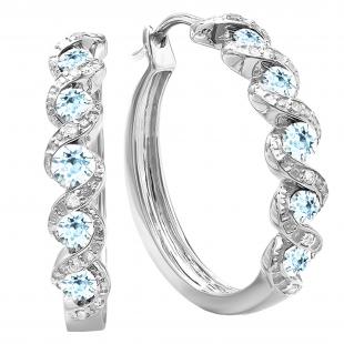 Round Aquamarine & White Diamond Swirl Style Criss Cross Hoop Earrings for Women in 925 Sterling Silver