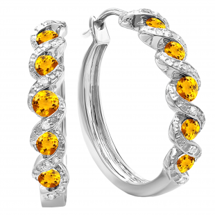 Round Citrine & White Diamond Swirl Style Criss Cross Hoop Earrings for Women in 925 Sterling Silver
