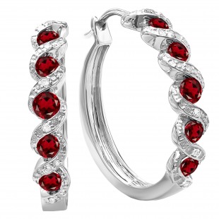 0.86 Carat (ctw) Round Garnet & White Diamond Hoop Earrings | Sterling Silver