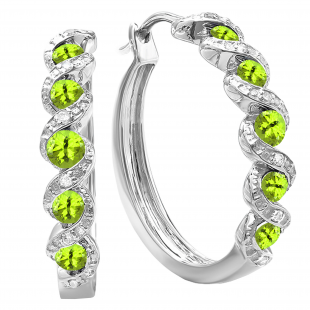Round Peridot & White Diamond Swirl Style Criss Cross Hoop Earrings for Women in 925 Sterling Silver