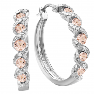 Round Morganite & White Diamond Swirl Style Criss Cross Hoop Earrings for Women in 925 Sterling Silver