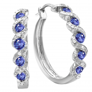Round Tanzanite & White Diamond Swirl Style Criss Cross Hoop Earrings for Women in 925 Sterling Silver