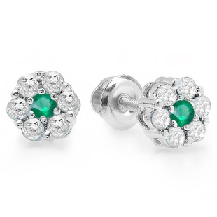 0.40 Carat (ctw) 14K White Gold Round Cut White Diamond & Green Emerald Ladies Cluster Flower Stud Earrings