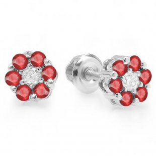 0.40 Carat (ctw) 14K White Gold Round Cut White Diamond & Ruby Ladies Cluster Flower Stud Earrings
