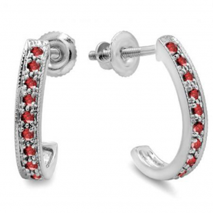 0.20 Carat (ctw) 10K White Gold Round Ruby Ladies Hoop Earrings 1/5 CT