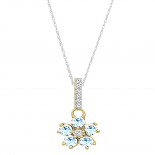 Round Aquamarine & Diamond Ladies Cluster Flower Pendant (Silver Chain Included), 10K Yellow Gold