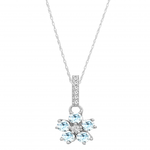 Round Aquamarine & Diamond Ladies Cluster Flower Pendant (Gold Chain Included), 14K White Gold