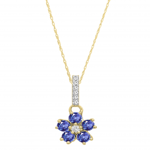 Round Tanzanite & Diamond Ladies Cluster Flower Pendant (Gold Chain Included), 14K Yellow Gold