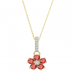 Round Ruby & Diamond Ladies Cluster Flower Pendant (Gold Chain Included), 14K Yellow Gold