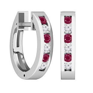 0.36 Carat (ctw) 18k White Gold Round White Diamond & Ruby Ladies Huggie Hoop Earrings 1/3 CT
