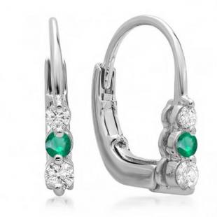 0.25 Carat (ctw) 10K White Gold Round White Diamond And Green Emerald Ladies 3 Stone Hoop Earrings 1/4 CT