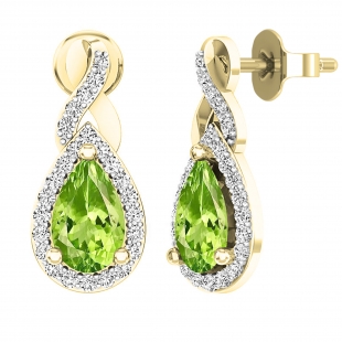 8X5mm Each Pear Peridot & Round White Diamond Women Infinity Teardrop Drop Push back Earrings in 18K Yellow Gold