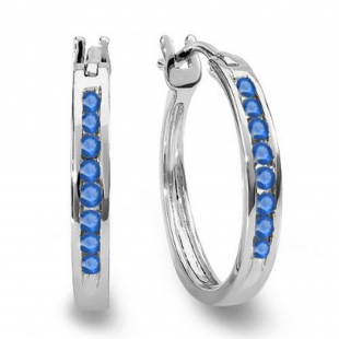 0.20 Carat (ctw) 14K White Gold Round Blue Sapphire Ladies Fine Hoop Earrings 1/5 CT