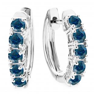 1.00 Carat (ctw) Round Blue Diamond Ladies Huggies Hoop Earrings 1 CT 14K White Gold