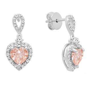 6 mm Each Heart Morganite & Round White Diamond Ladies Drop Dangle Earrings Sterling Silver