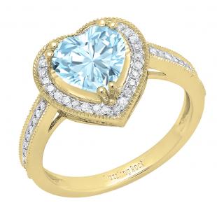 8 MM Heart Aquamarine & Round White Diamond Bridal Halo Engagement Band Ring 14K Yellow Gold