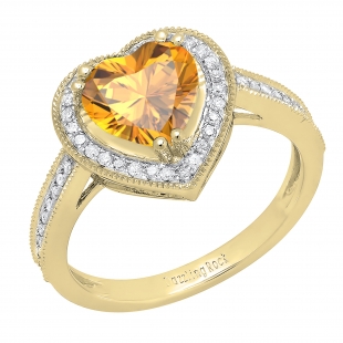 8 MM Heart Citrine & Round White Diamond Bridal Halo Engagement Band Ring 18K Yellow Gold