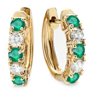 1.00 Carat (ctw) 14K Yellow Gold Round Green Emerald & White Diamond Ladies Huggies Hoop Earrings 1 CT