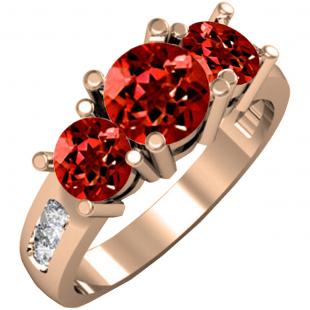 14K Rose Gold Round Garnet & White Diamond Ladies 3 Stone Engagement Bridal Ring