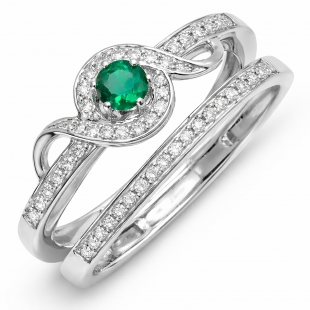 0.25 Carat (ctw) Sterling Silver Round White Diamond And Green Emerald Ladies Bridal Promise Ring Set Matching Band 1/4 CT