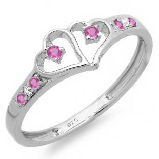 0.15 Carat (ctw) Sterling Silver Round Pink Sapphire & White Diamond Ladies Promise Double Heart Love Engagement Ring