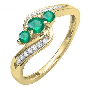 14K Yellow Gold Round Emerald & White Diamond Ladies 3 Stone Swirl Engagement Ring