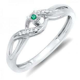 0.06 Carat (ctw) Sterling Silver Round Green Emerald & White Diamond Ladies Crossover Swirl Bridal Promise Engagement Ring