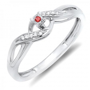 0.06 Carat (ctw) Sterling Silver Round Ruby & White Diamond Ladies Crossover Swirl Bridal Promise Engagement Ring