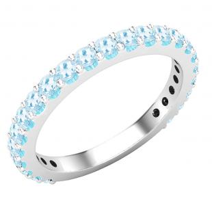 2 mm Round Aquamarine Ladies Anniversary Stackable Wedding Band 14K White Gold