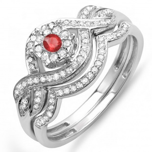 0.40 Carat (ctw) 18k White Gold Round Ruby & White Diamond Ladies Bridal Engagement Ring Matching Band Set