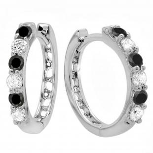 0.33 Carat (ctw) Round Black & White Diamond Ladies Huggies Hoop Earrings 1/3 CT 10K White Gold