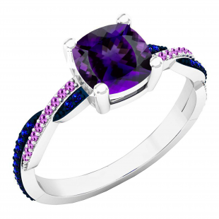 6 MM Cushion Amethyst & Round Blue Sapphire & Amethyst Ladies Swirl Engagement Ring, 10K White Gold