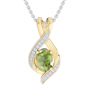 8X6mm Oval Peridot & Round White Diamond Infinity Pendant Necklace for Women with 18 inch Silver Chain in 18K Yellow Gold
