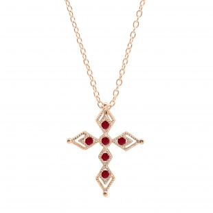 Round Ruby Vintage Style Cross Pendant with 18 inch Gold Chain for Women in 14K Rose Gold