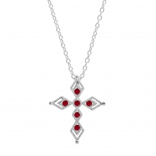 Round Ruby Vintage Style Cross Pendant with 18 inch Silver Chain for Women in 925 Sterling Silver