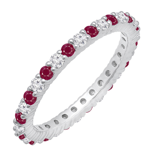 1.00 Carat (ctw) 14k White Gold Round Ruby & White Diamond Ladies Eternity Anniversary Stackable Ring Wedding Band 1 CT