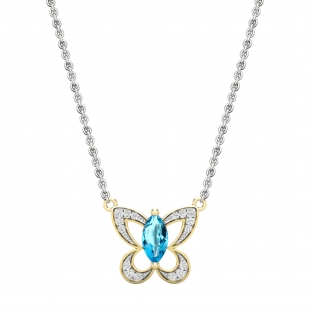 8X4mm Marquise Blue Topaz & Round White Diamond Butterfly Pendant Necklace for Women with 18 inch Silver Chain in 18K Yellow Gold  