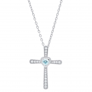 3.5 mm Round Aquamarine & White Diamond Ladies Heart Cross Religious Pendant, 10K White Gold