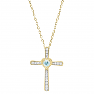 3.5 mm Round Aquamarine & White Diamond Ladies Heart Cross Religious Pendant, 18K Yellow Gold