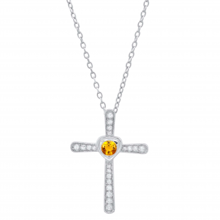 3.5 mm Round Citrine & White Diamond Ladies Heart Cross Religious Pendant, Sterling Silver