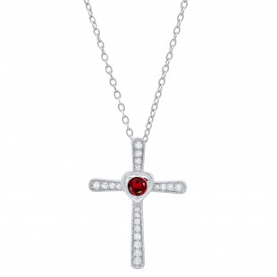 3.5 mm Round Garnet & White Diamond Ladies Heart Cross Religious Pendant, Sterling Silver